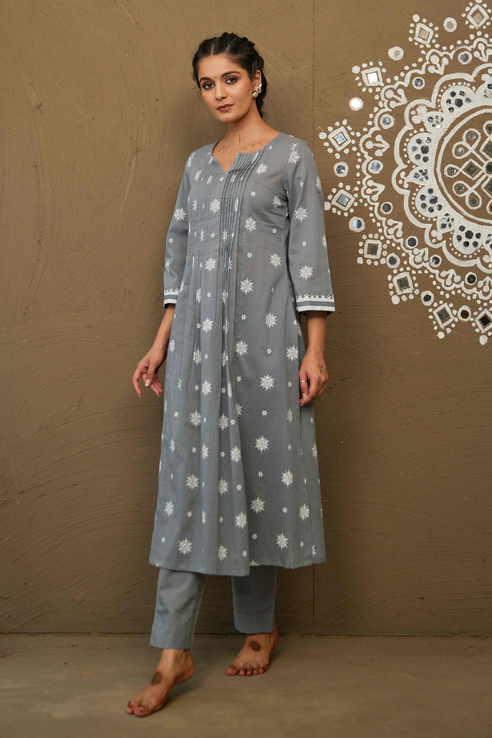 Moli Grey Mul Cotton Pin Tucks Kurta Only