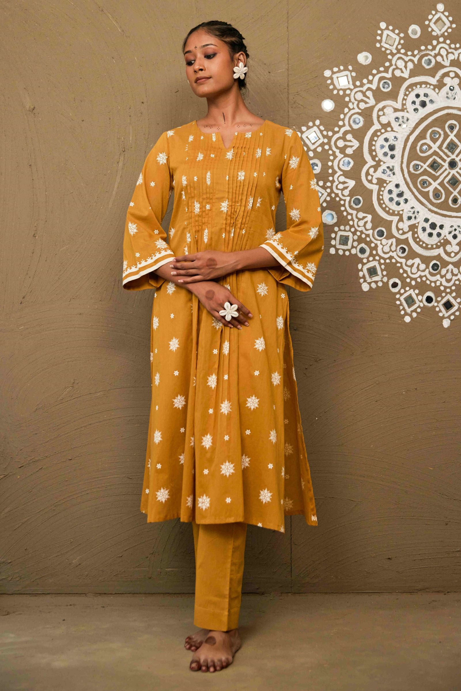 Champa Ochre Mul Cotton Pin Tucks Kurta Only