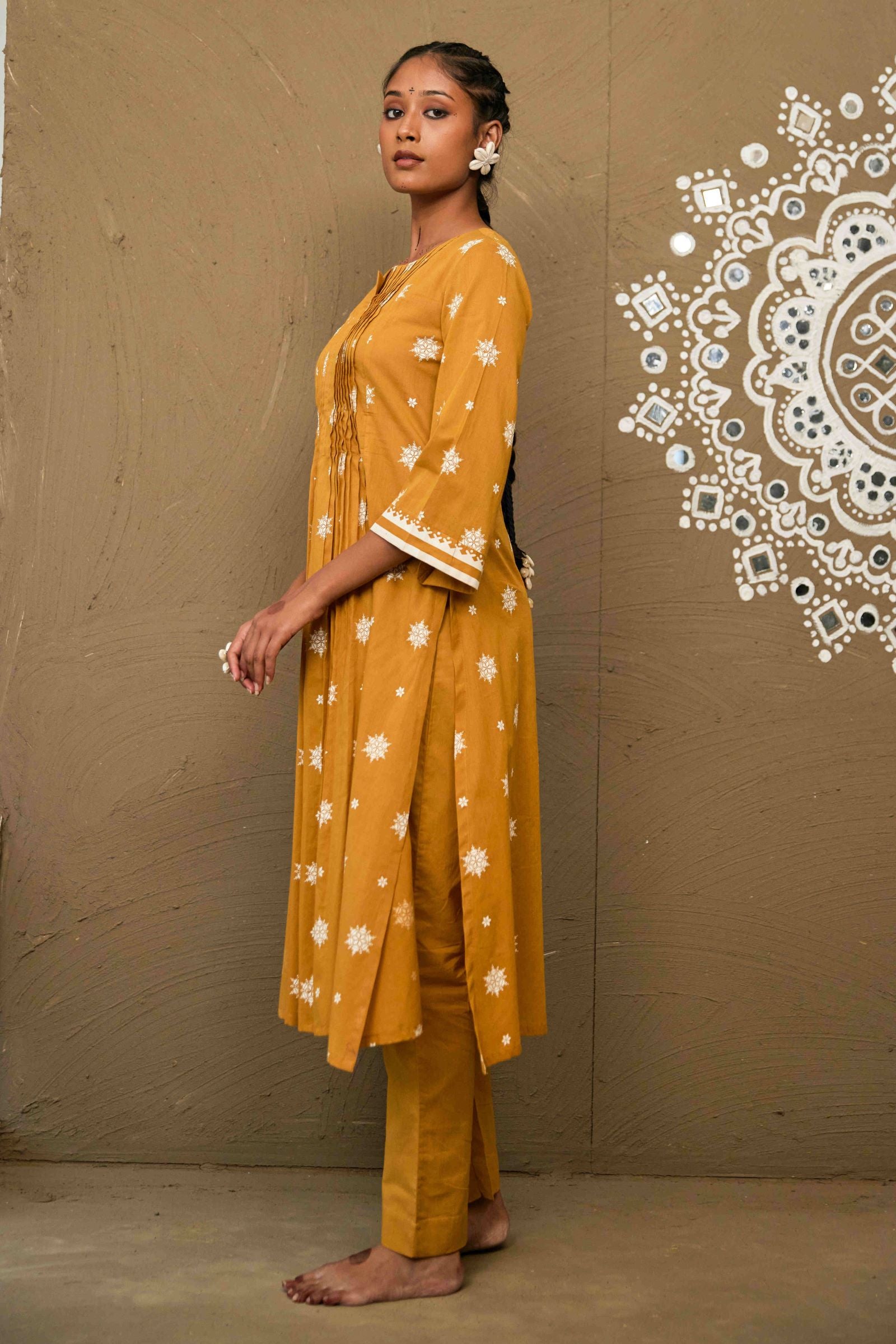 Champa Ochre Mul Cotton Pin Tucks Kurta Set