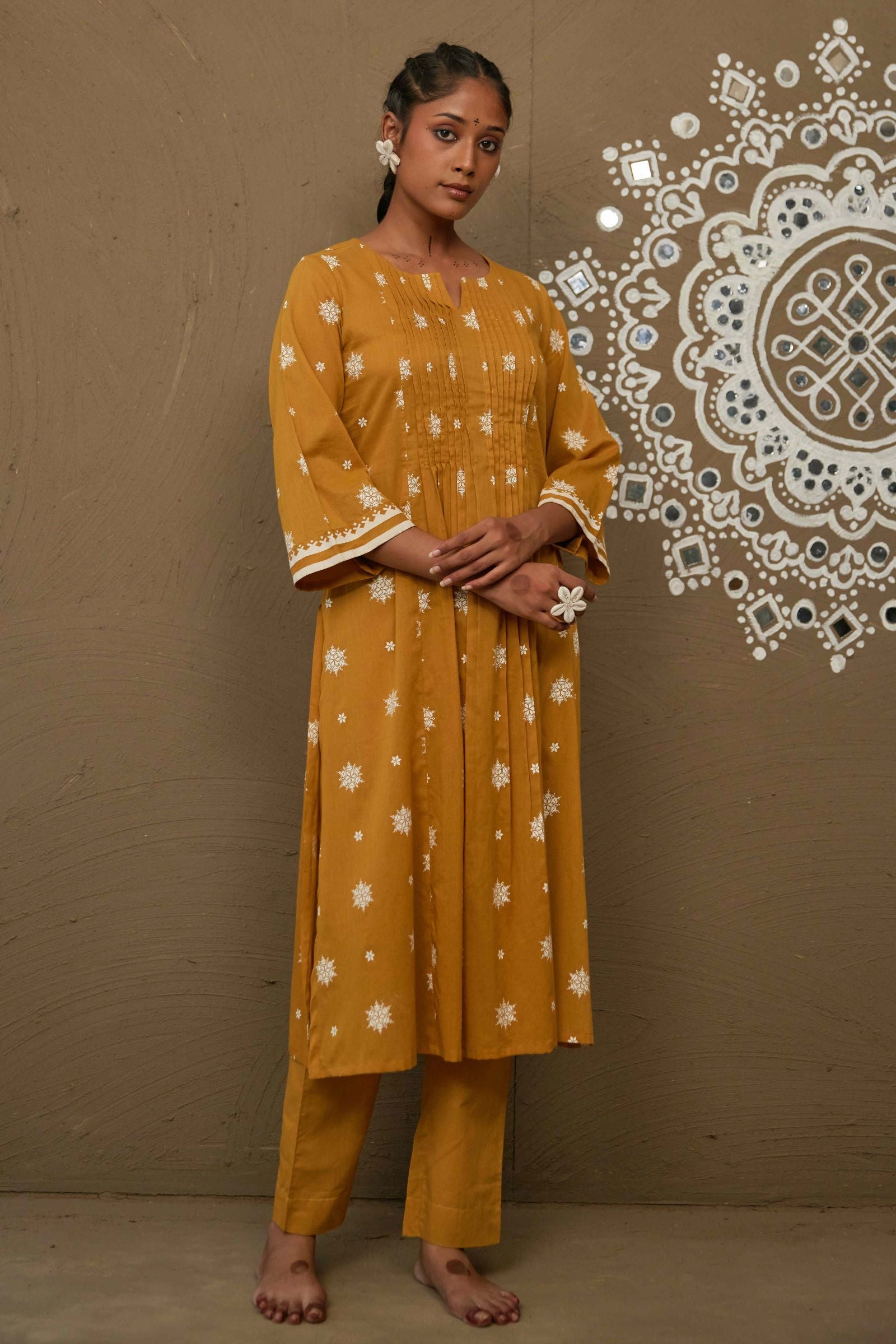 Champa Ochre Mul Cotton Pin Tucks Kurta Only