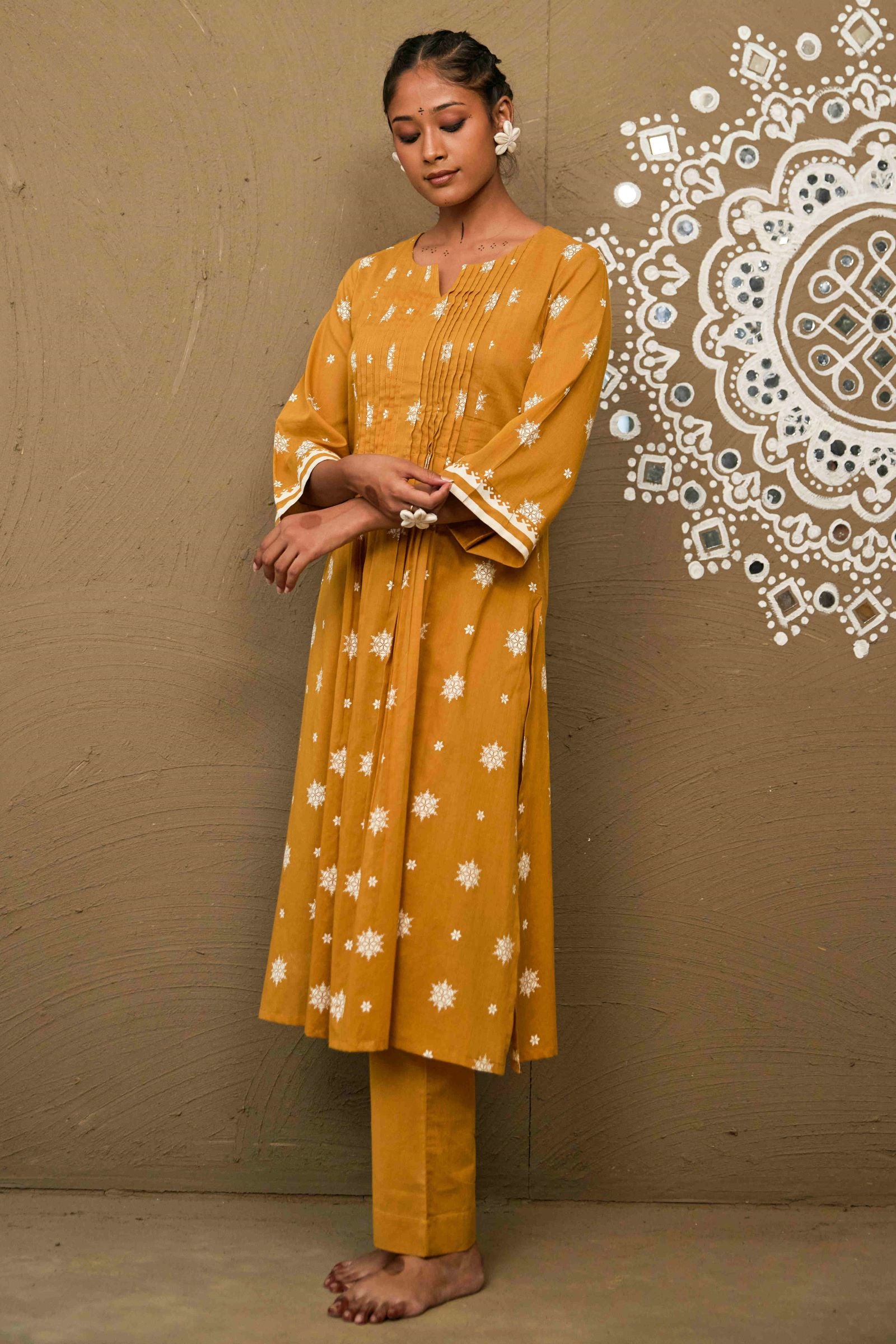 Champa Ochre Mul Cotton Pin Tucks Kurta Only