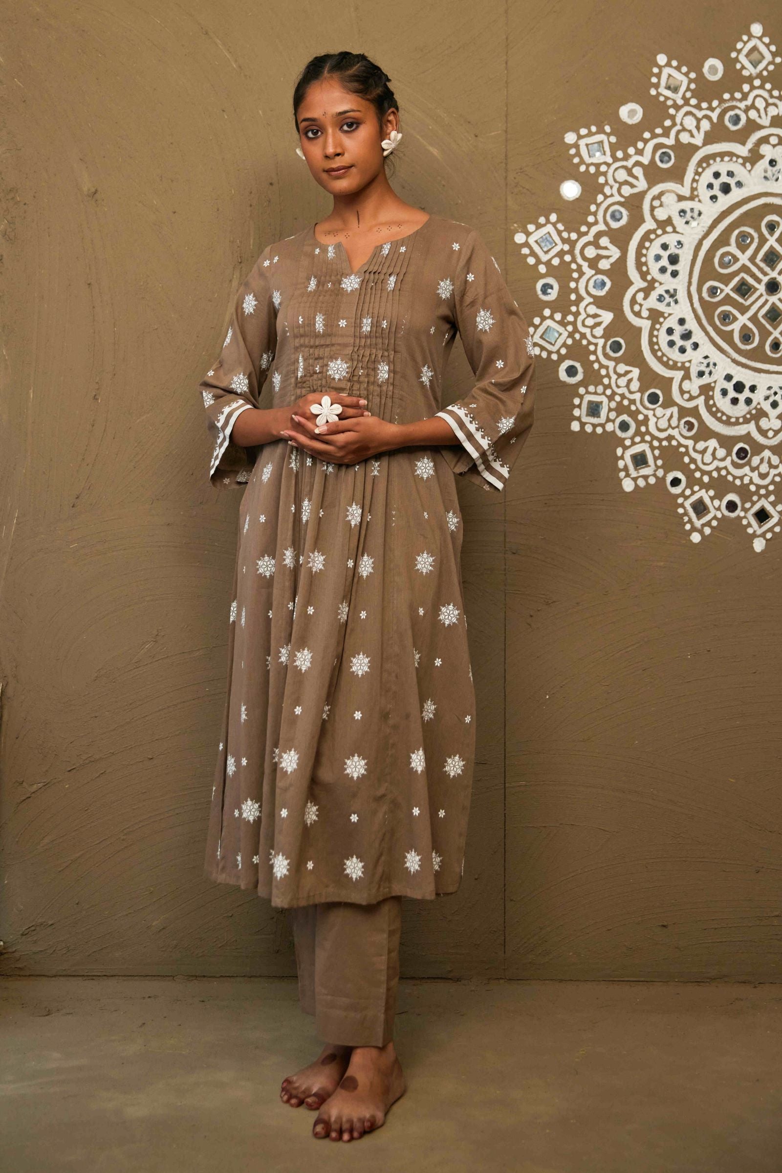 Gerua Brown Mul Cotton Pin Tucks Kurta Set