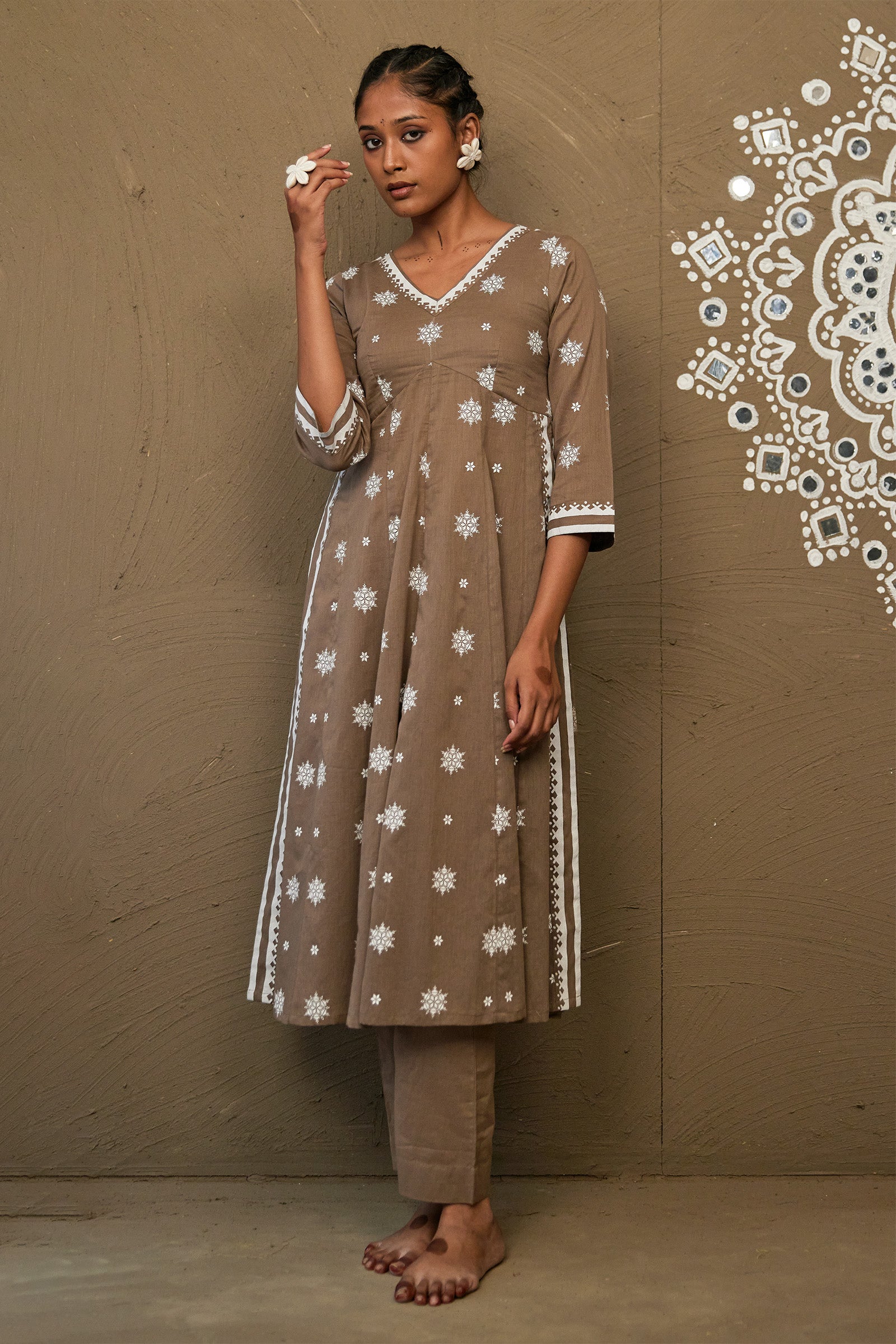 Maati Brown Mul Cotton Side Slit Anarkali Set