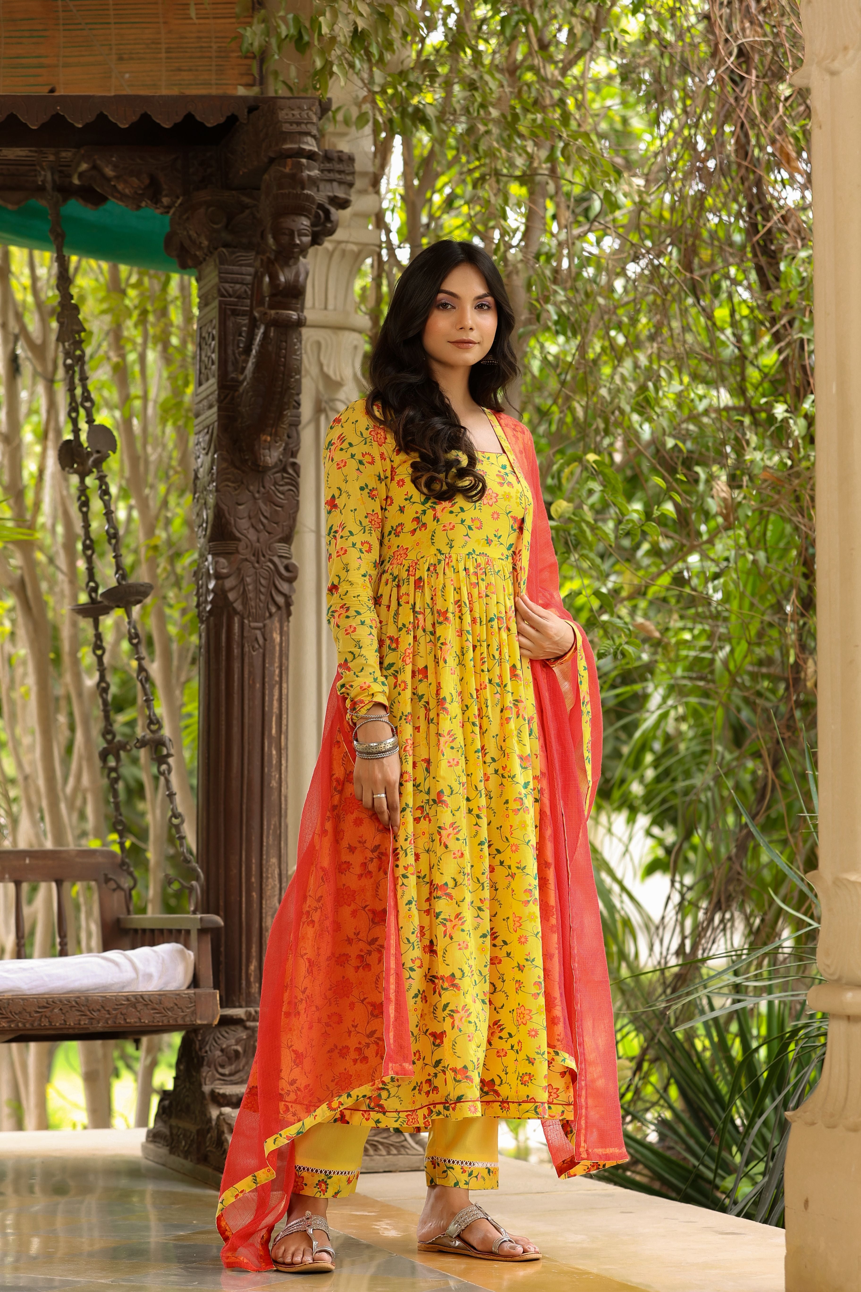 Yellow Red Anarkali Set (RTS)