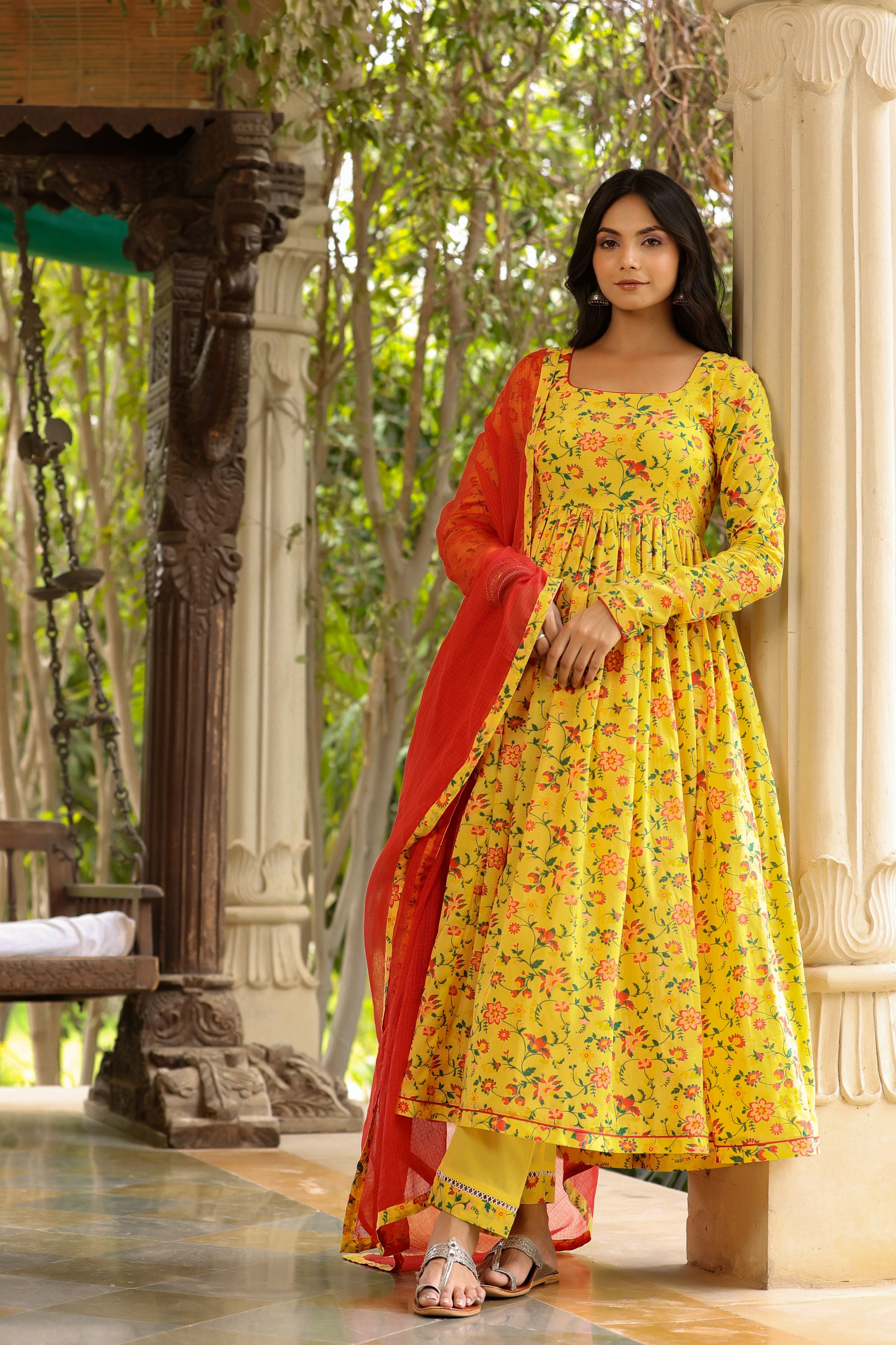 Yellow Red Anarkali Set (RTS)