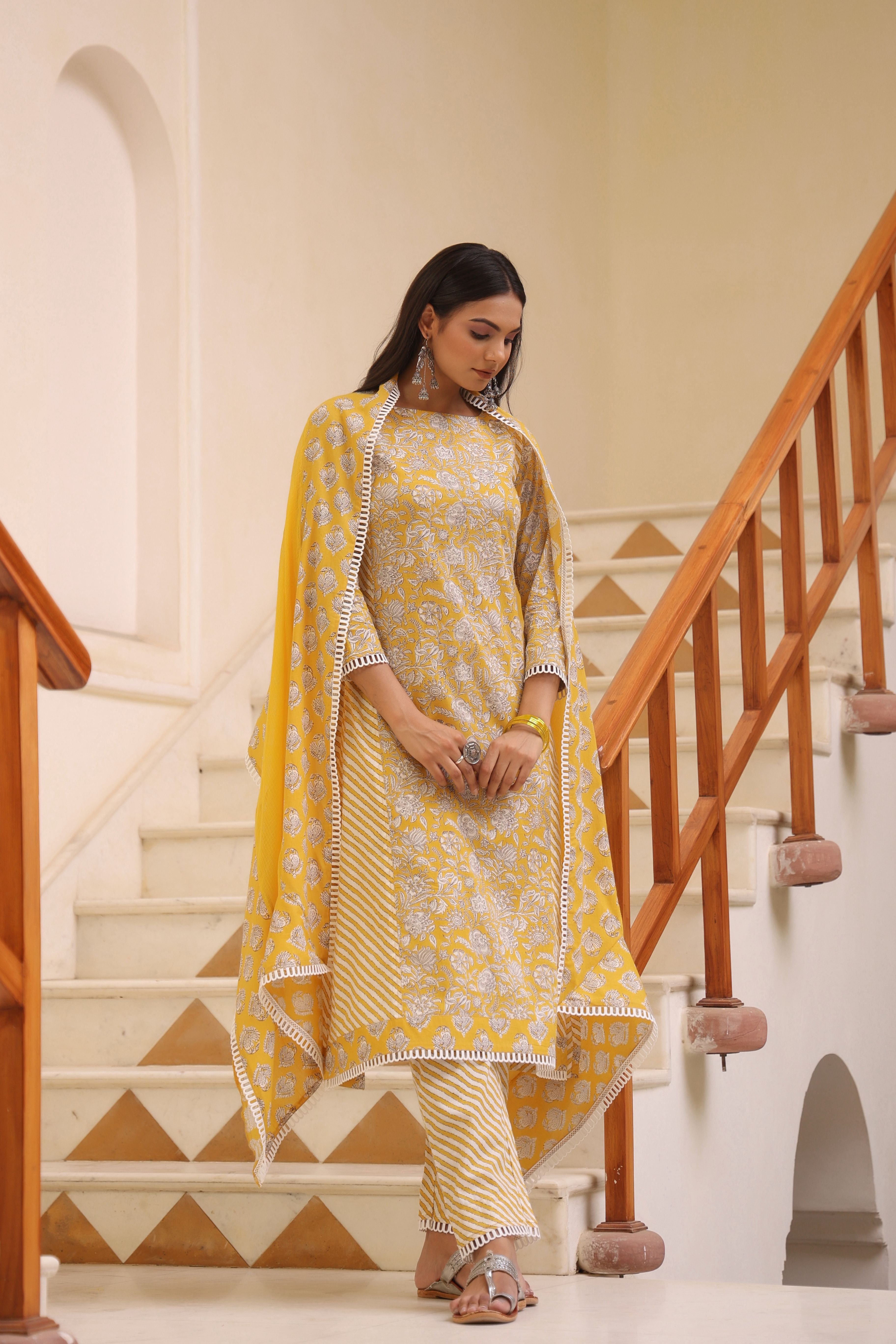 Yellow White Straight Suit Set