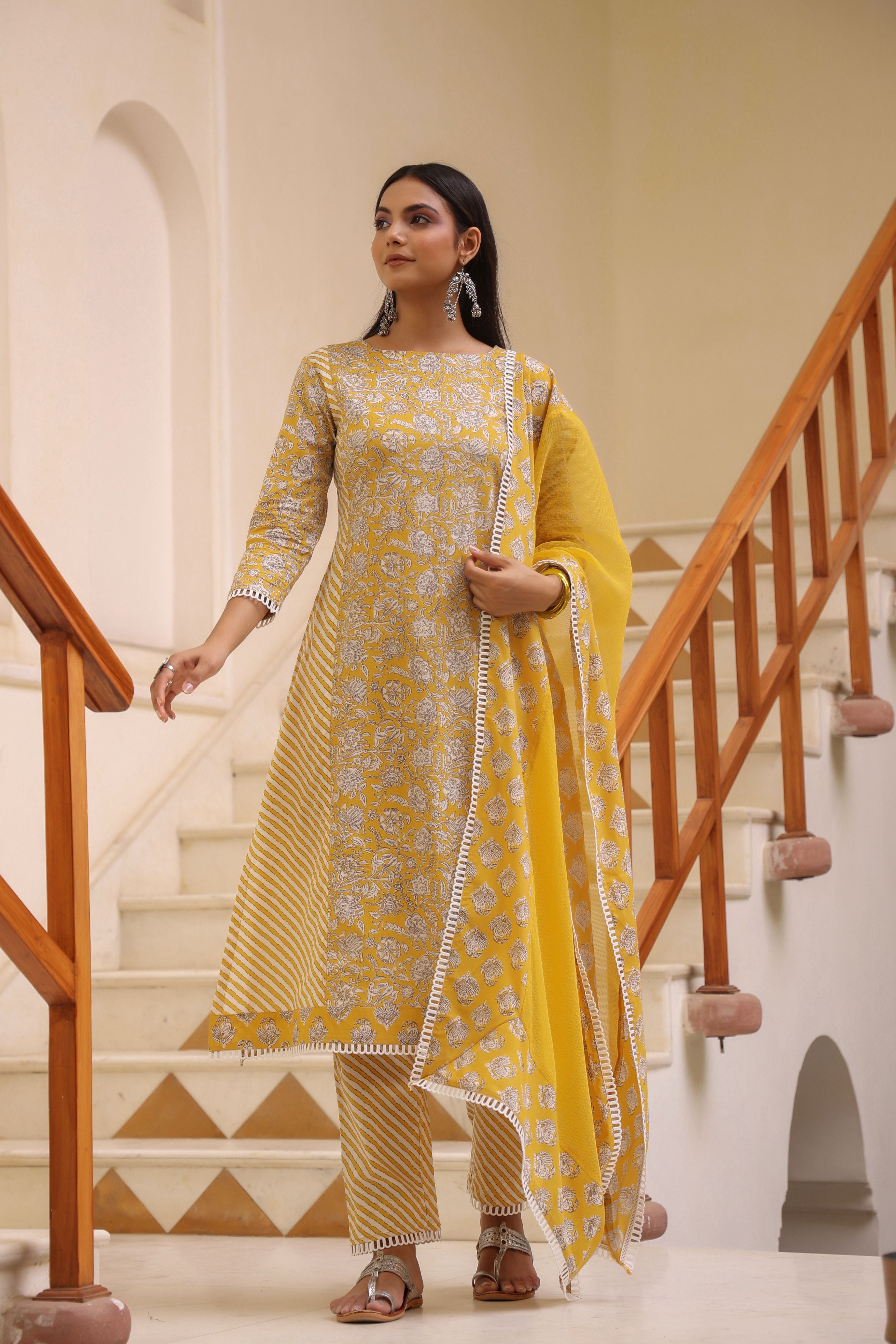 Yellow White Straight Suit Set
