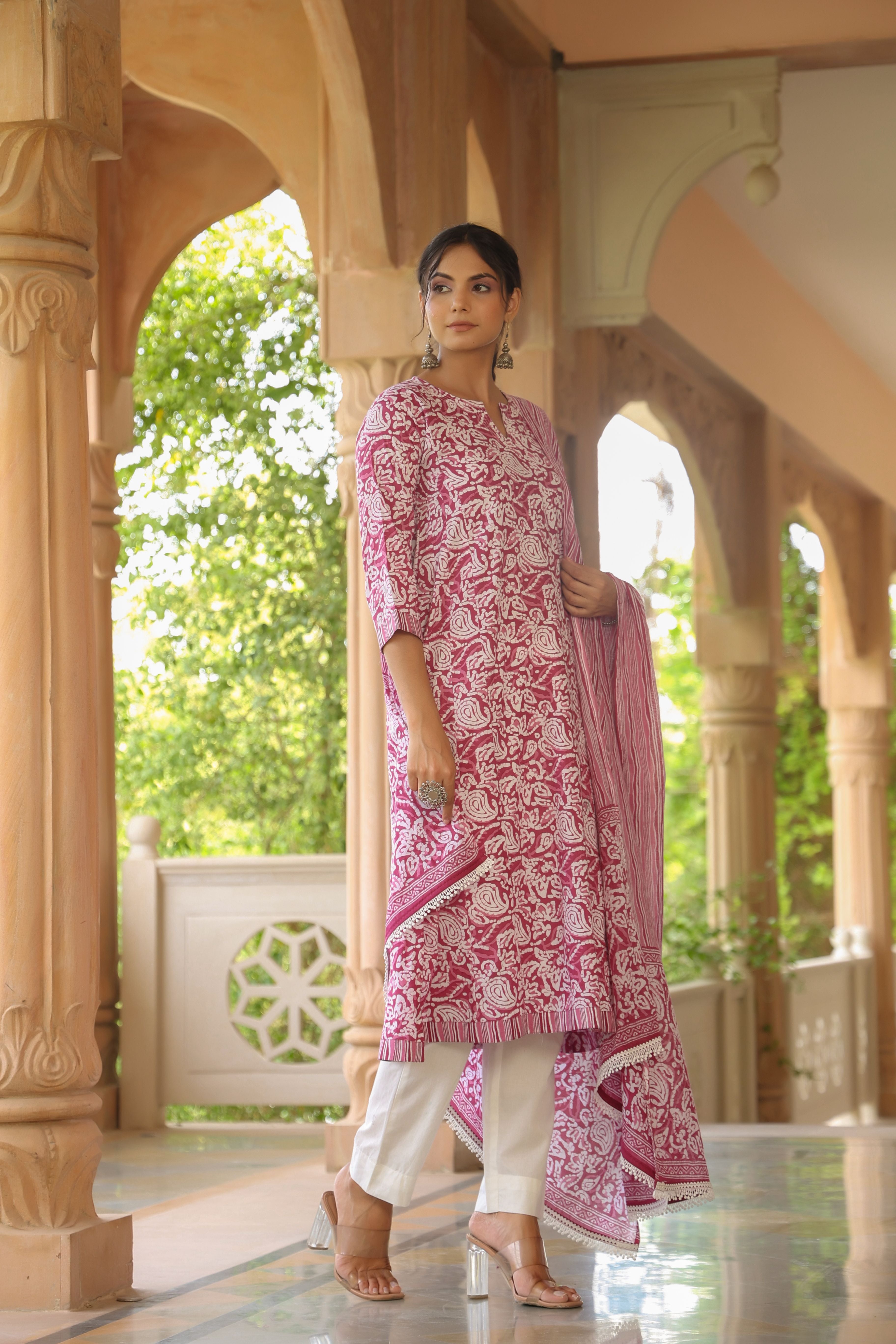 White Pink A-line Kurta