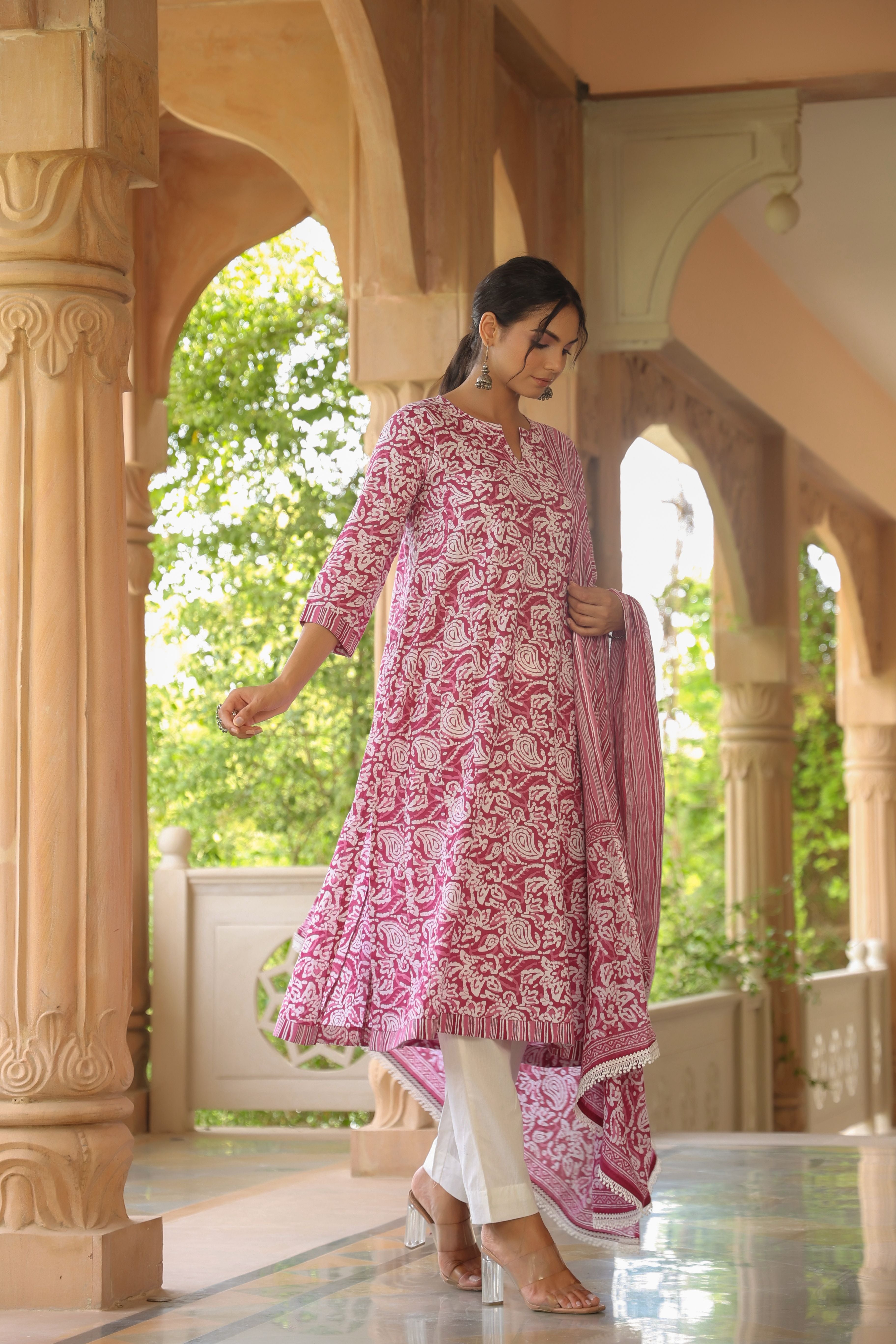 White Pink A-line Kurta