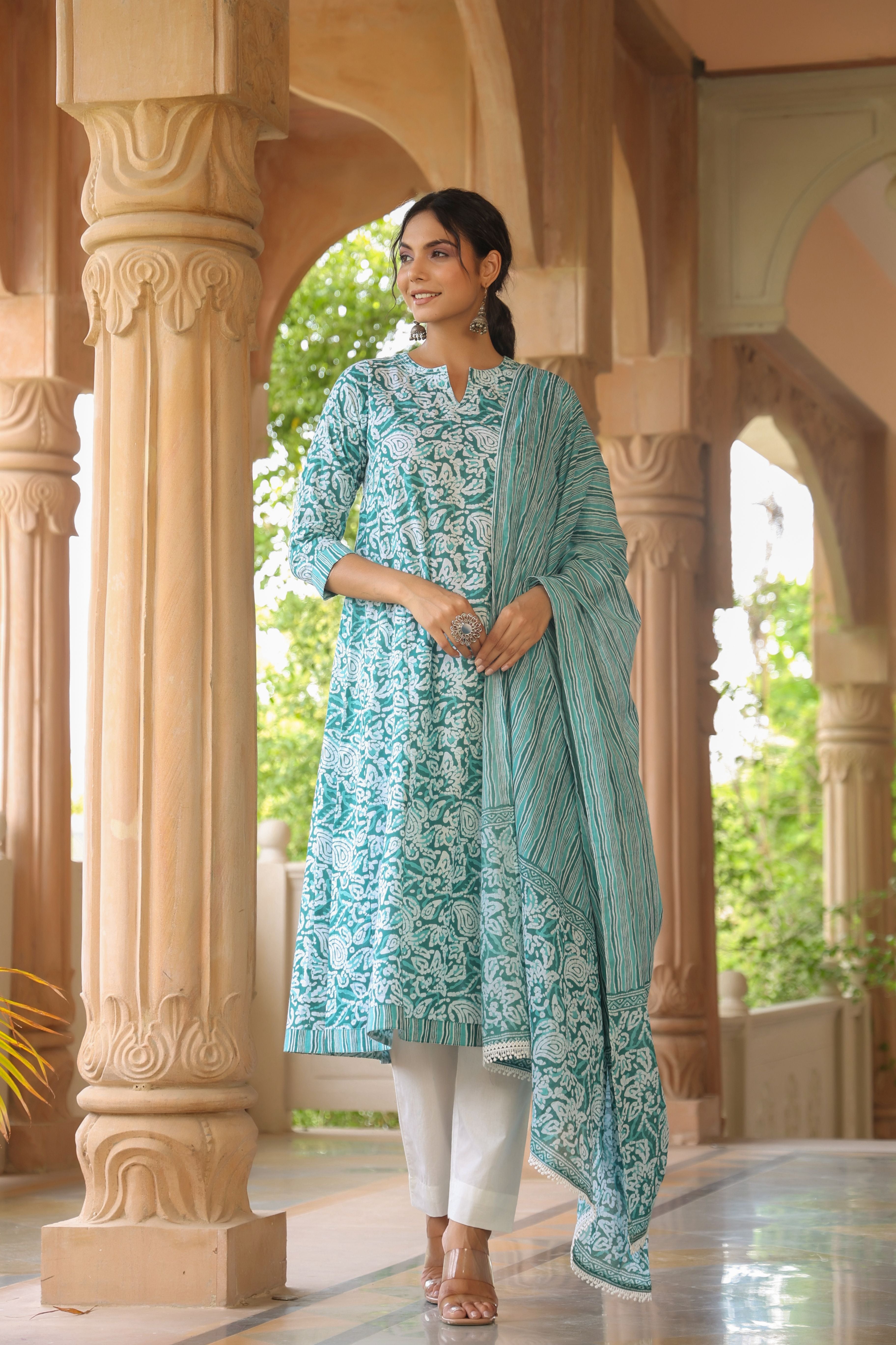 White Blue A-line Kurta
