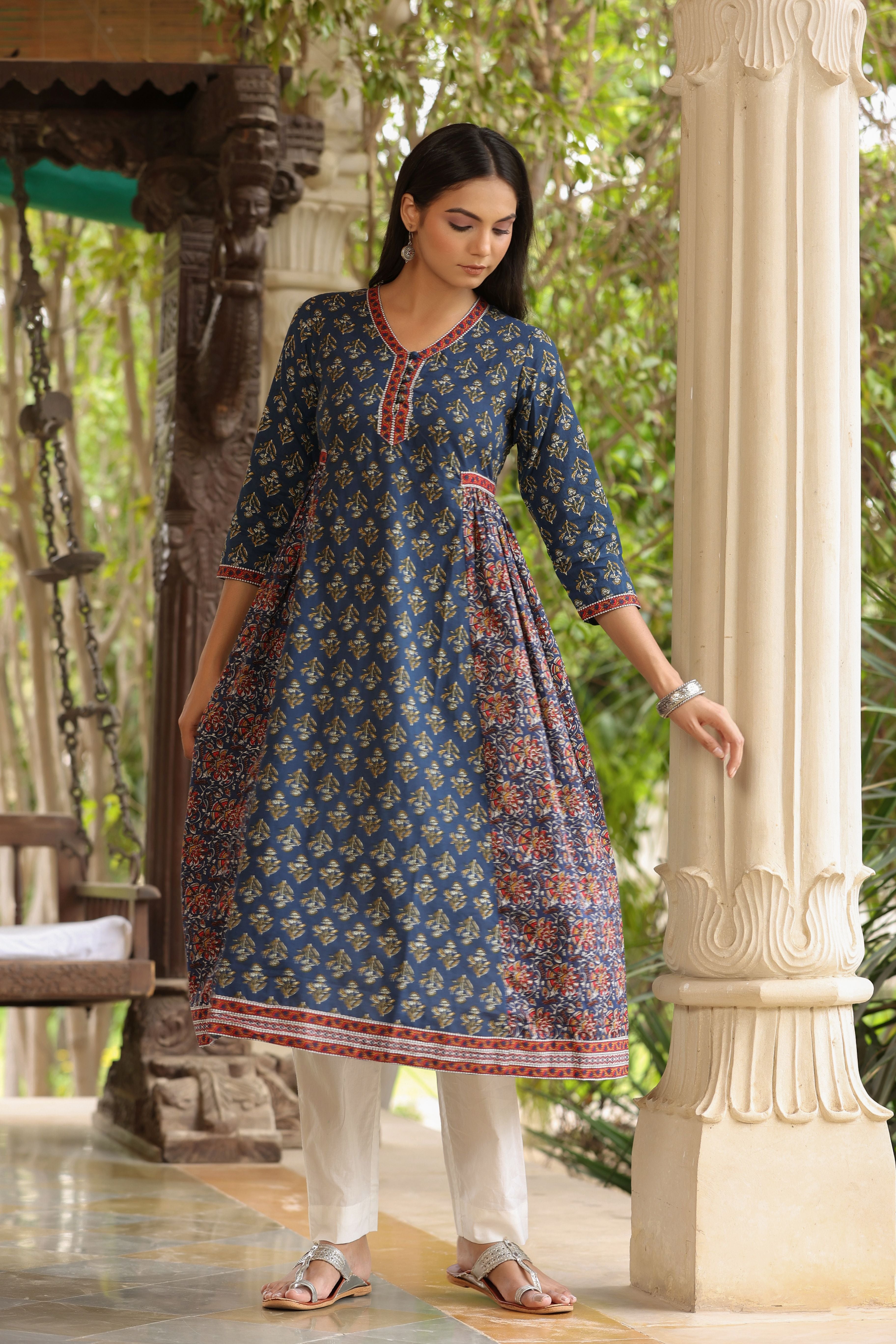 Blue Red A-line Kurta