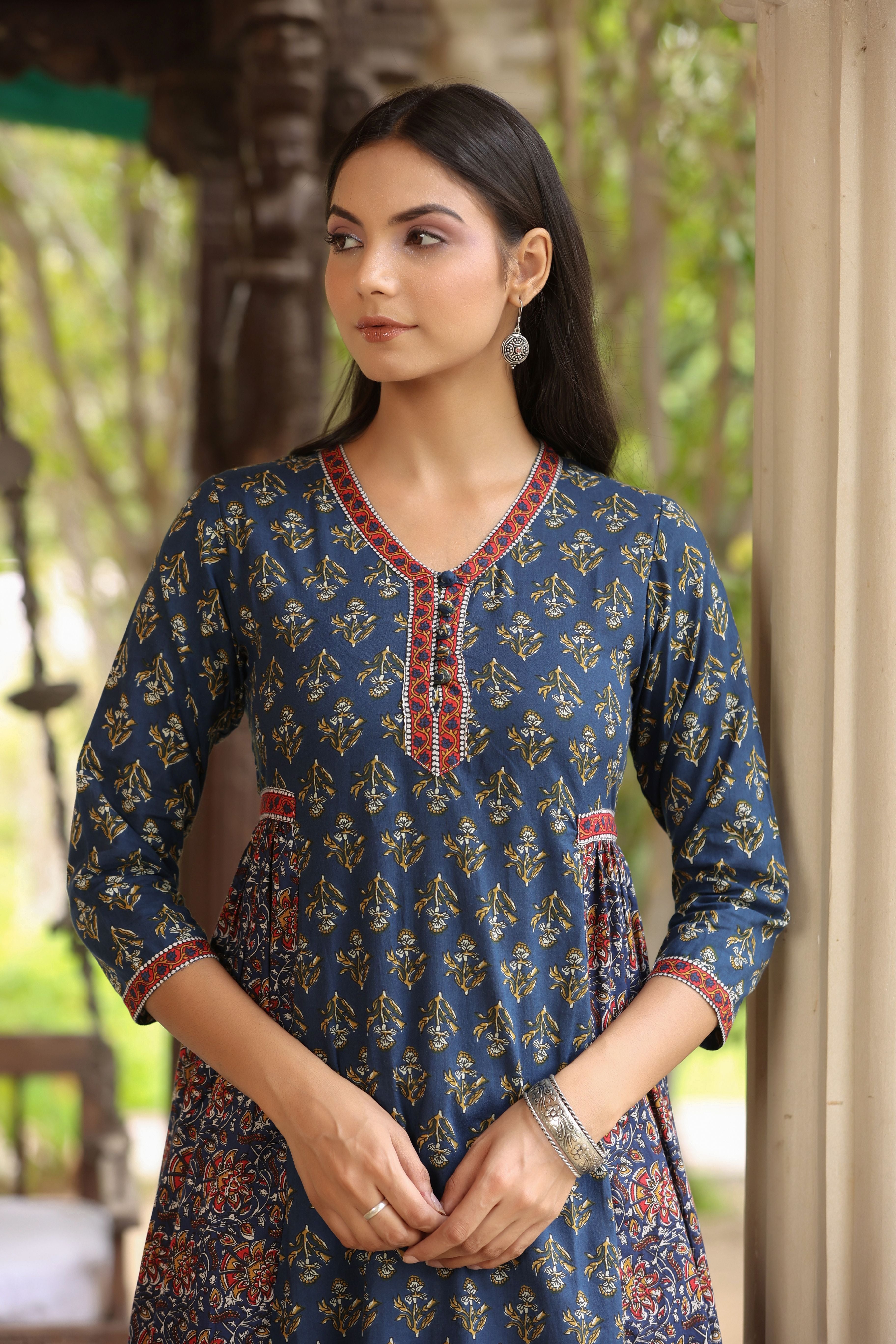 Blue Red A-line Kurta