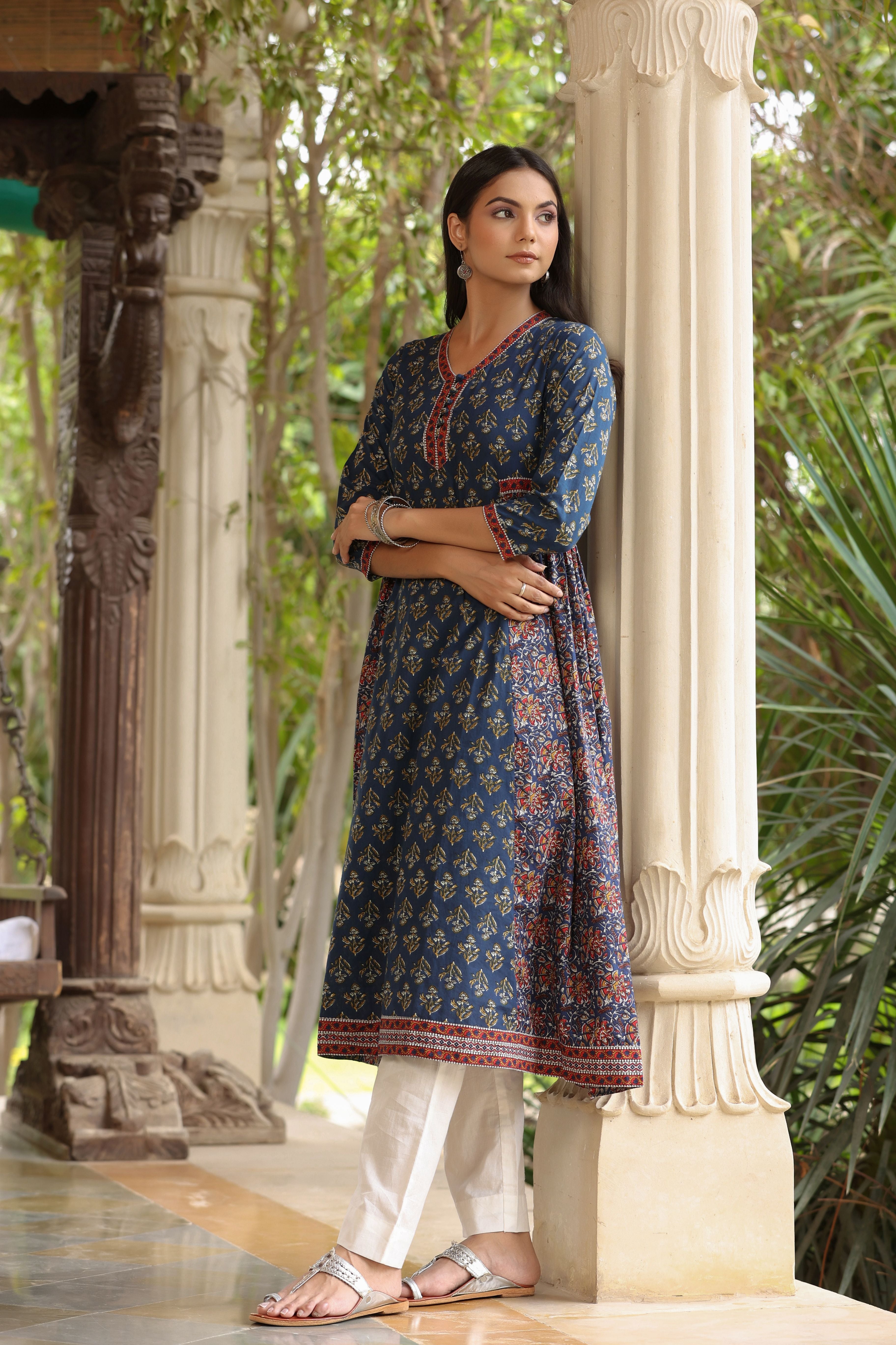 Blue Red A-line Kurta