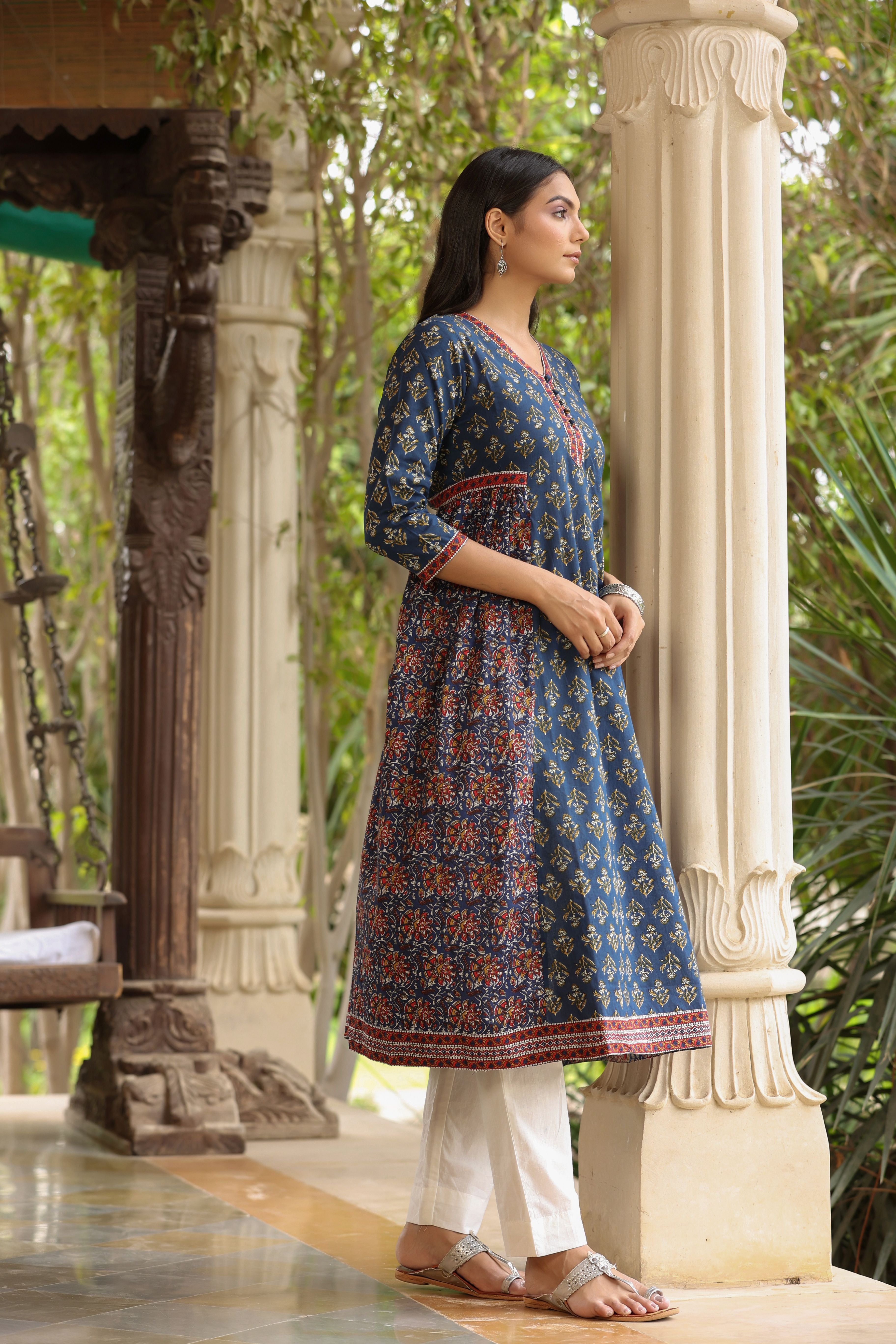 Blue Red A-line Kurta