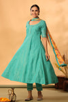 Turquoise lurex cotton anarkali set