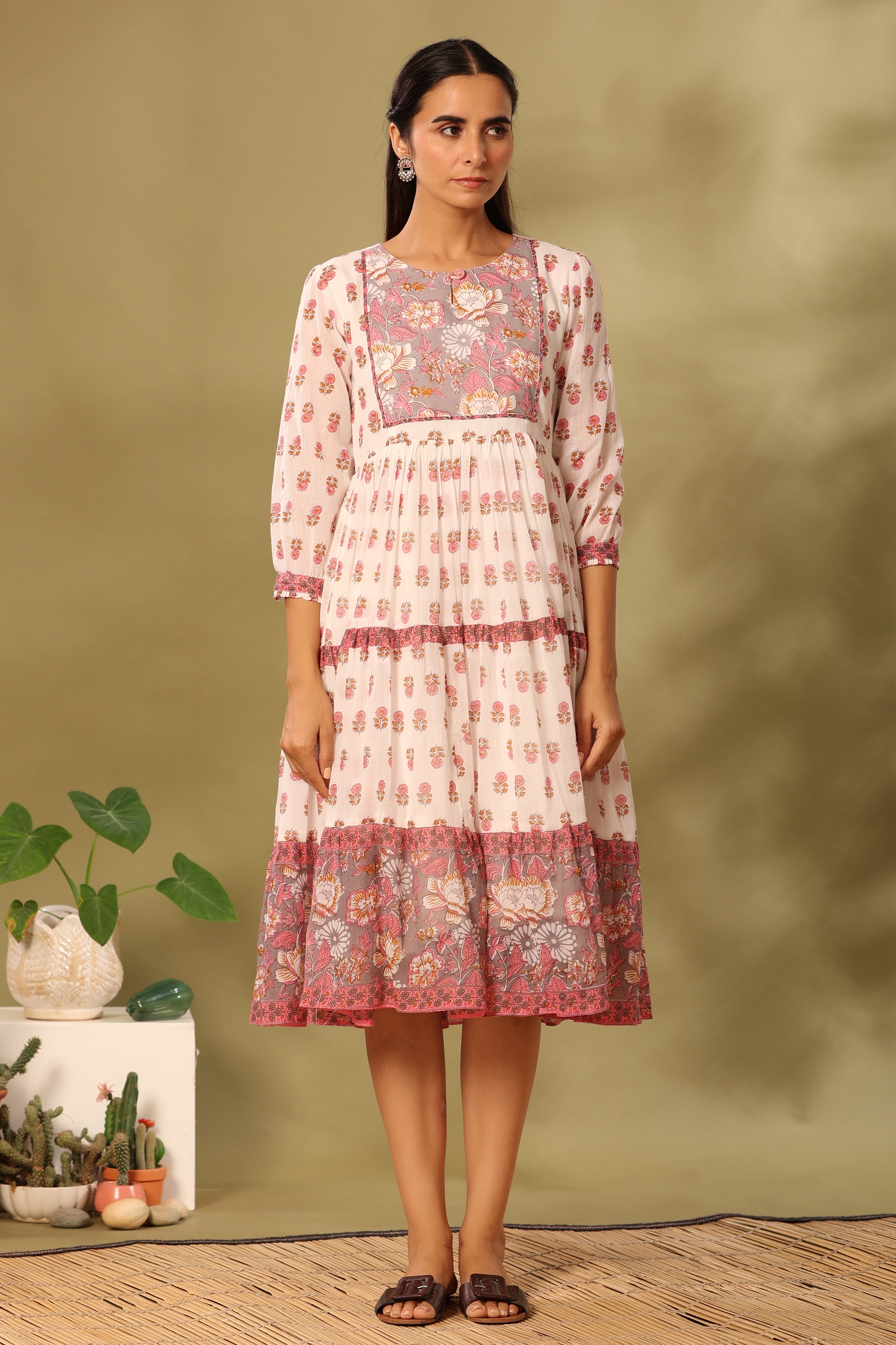 White and pink mulmul dress