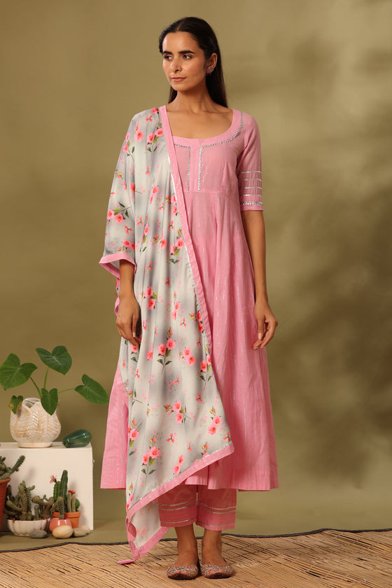 Pink lurex cotton anarkali set