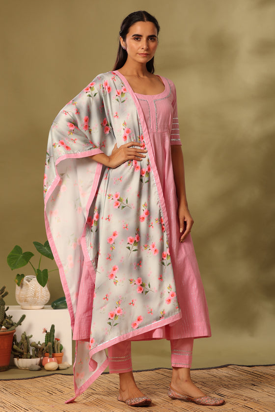 Pink lurex cotton anarkali set
